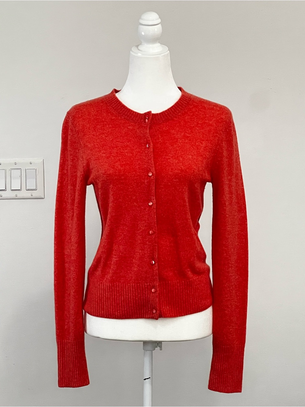 J.Crew 100% Cashmere Bottom Front Crewneck Rib-Knit Cardigan Sweater M Orange